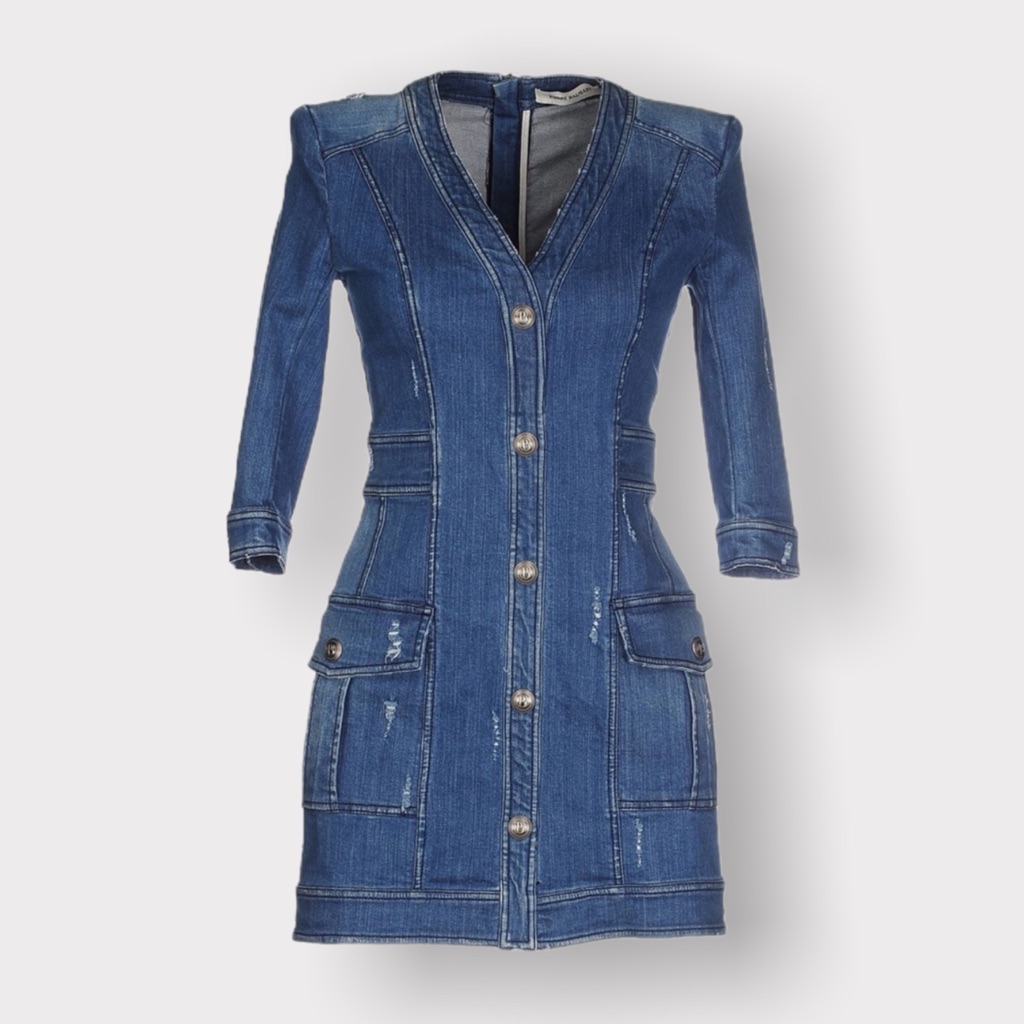 Stunning Balmain Little Sexy Blue Distressed Denim Jean Tailored Mini Dr